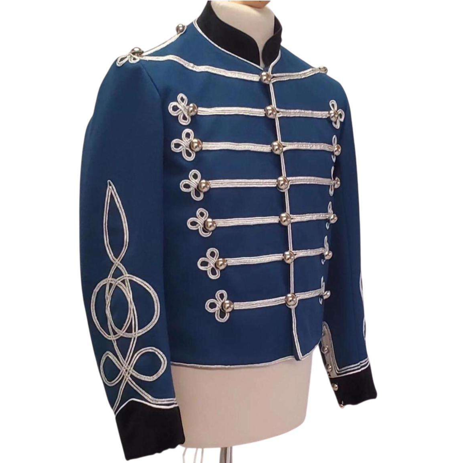 Front view of men’s Imperial German Hussar Attila tunic featuring military braid detailing, structured tailoring and a Napoleonic uniform style.