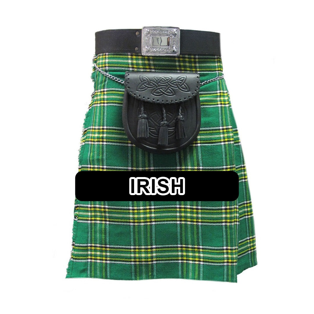 Handmade Irish tartan kilt with traditional Celtic plaid pattern and classic pleated Scottish-style design.