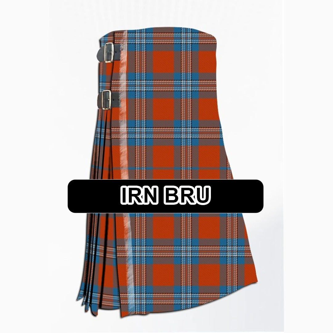Handmade IRN BRU tartan kilt with bold traditional plaid pattern and classic pleated Scottish kilt design.
