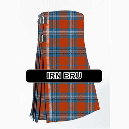 Handmade IRN BRU tartan kilt with bold traditional plaid pattern and classic pleated Scottish kilt design.