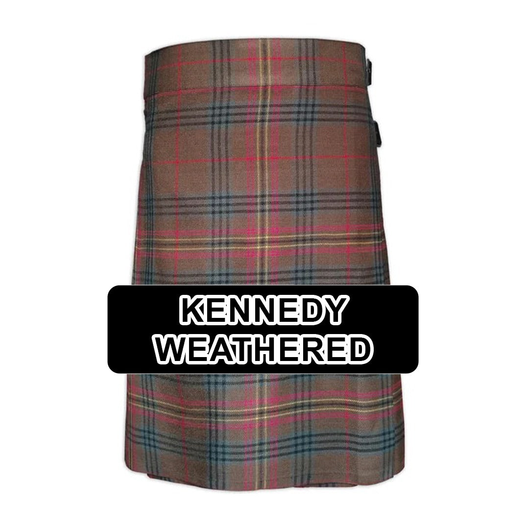 Handmade Kennedy Weathered tartan kilt with traditional Scottish plaid pattern and classic pleated Highland design.