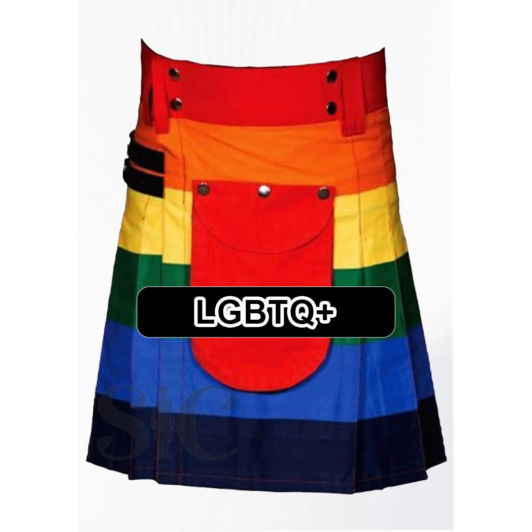 LGBTQ pride tartan kilt with colorful rainbow plaid pattern and classic pleated Scottish Highland design.