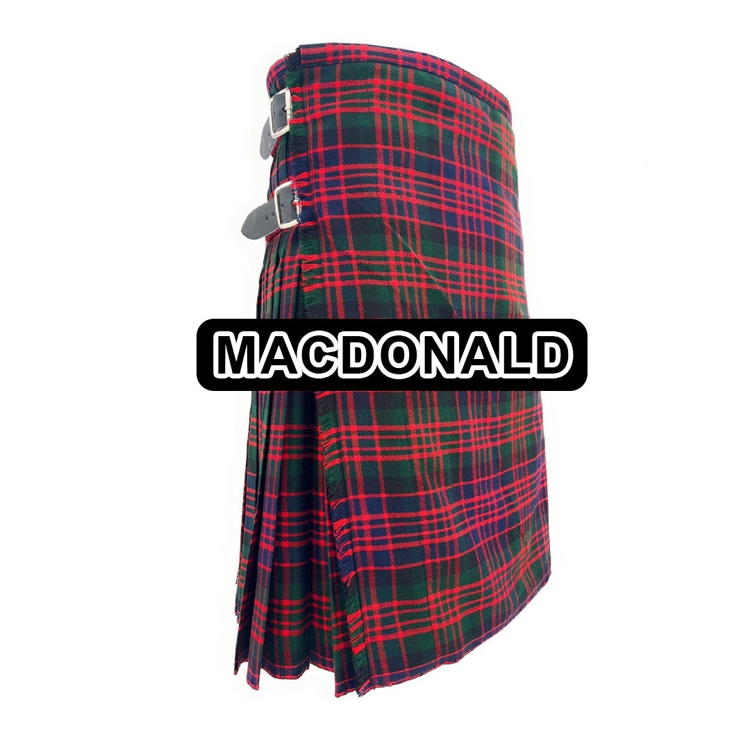 Handmade MacDonald tartan kilt with traditional Scottish plaid pattern and classic pleated Highland design.