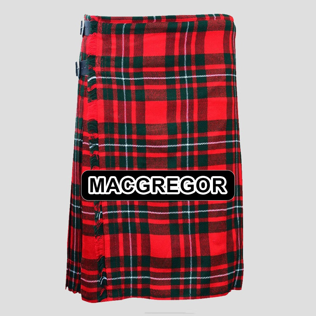 Handmade MacGregor tartan kilt with traditional Scottish plaid pattern and classic pleated Highland design.
