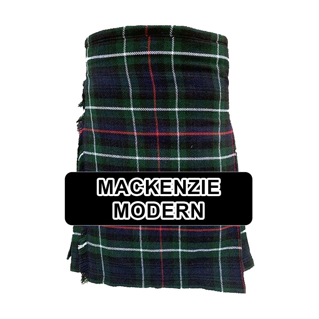 Handmade Mackenzie Modern tartan kilt with traditional Scottish plaid pattern and classic pleated Highland design.