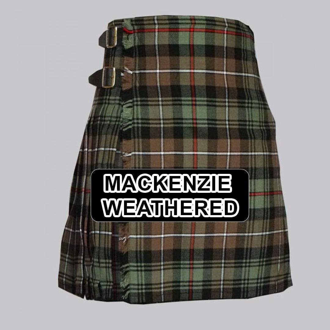 Handmade Mackenzie Weathered tartan kilt with traditional Scottish plaid pattern and classic pleated Highland design.