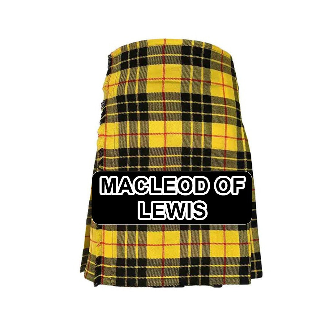 Handmade MacLeod of Lewis tartan kilt with traditional Scottish plaid pattern and classic pleated Highland design.