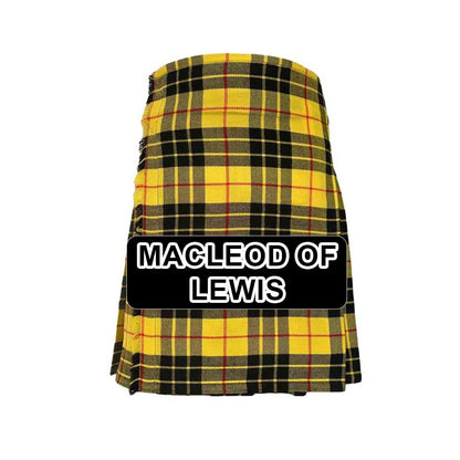 Handmade MacLeod of Lewis tartan kilt with traditional Scottish plaid pattern and classic pleated Highland design.
