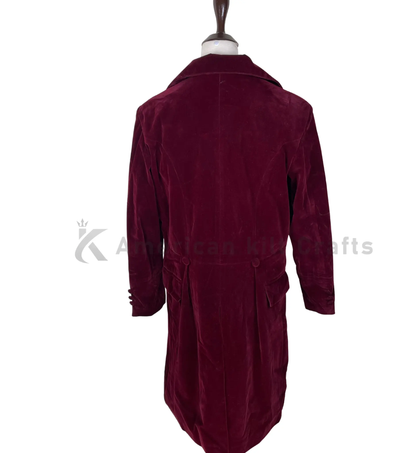 Back view of a maroon velvet sci-fi frock coat showing the long tailored back, structured shoulders and vintage-inspired great coat silhouette.
