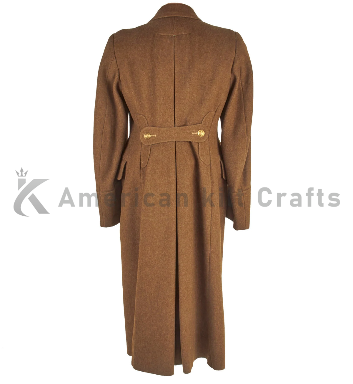 Back view of men's brown wool military overcoat with classic military greatcoat styling.