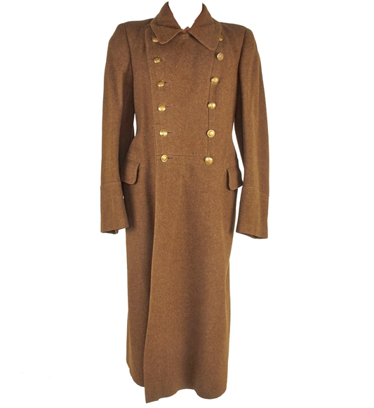 Men's brown wool military overcoat with classic officer greatcoat design front view.