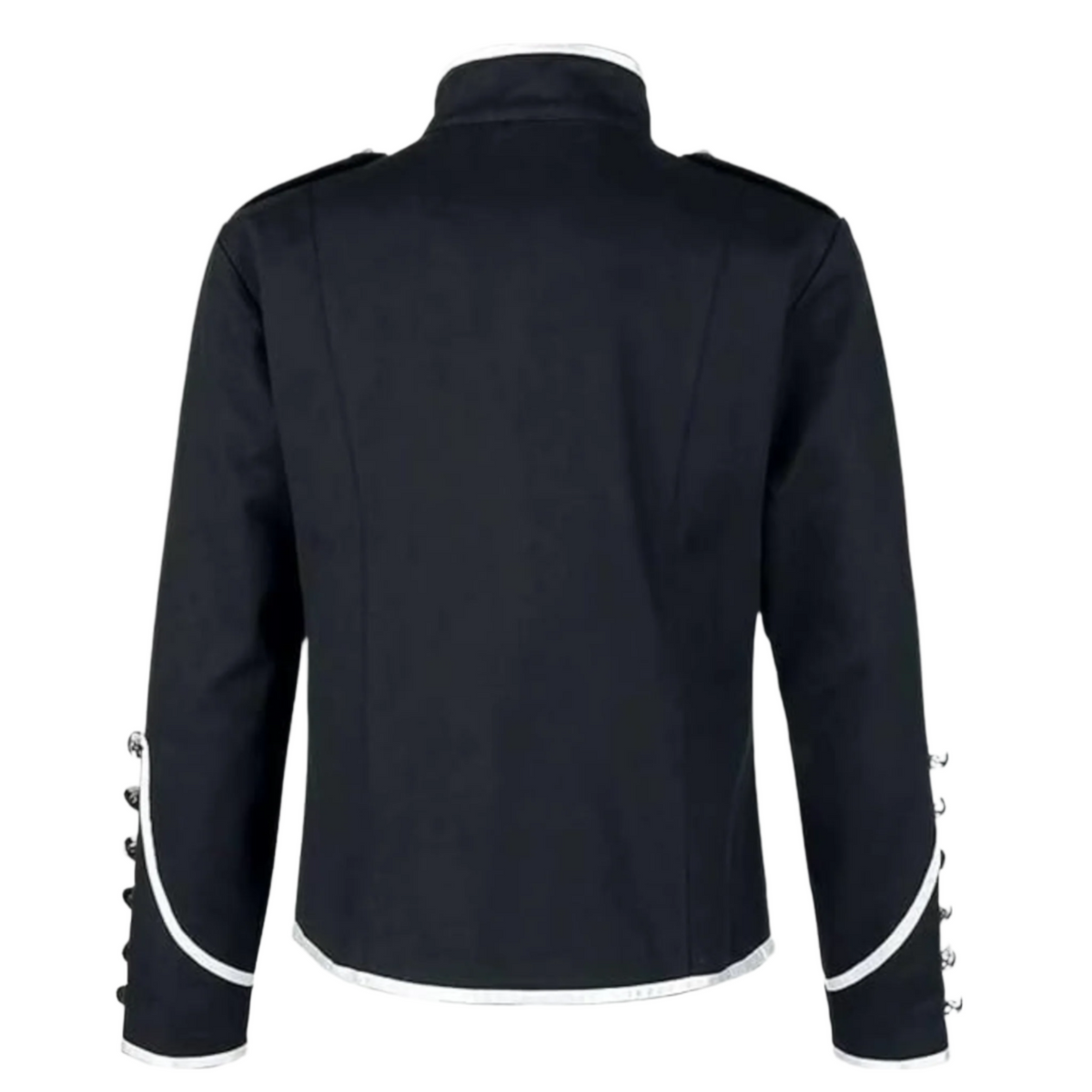 Back view of men’s military parade jacket showing the tailored silhouette and elegant formal military design.