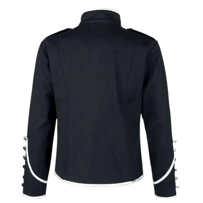 Back view of men’s military parade jacket showing the tailored silhouette and elegant formal military design.