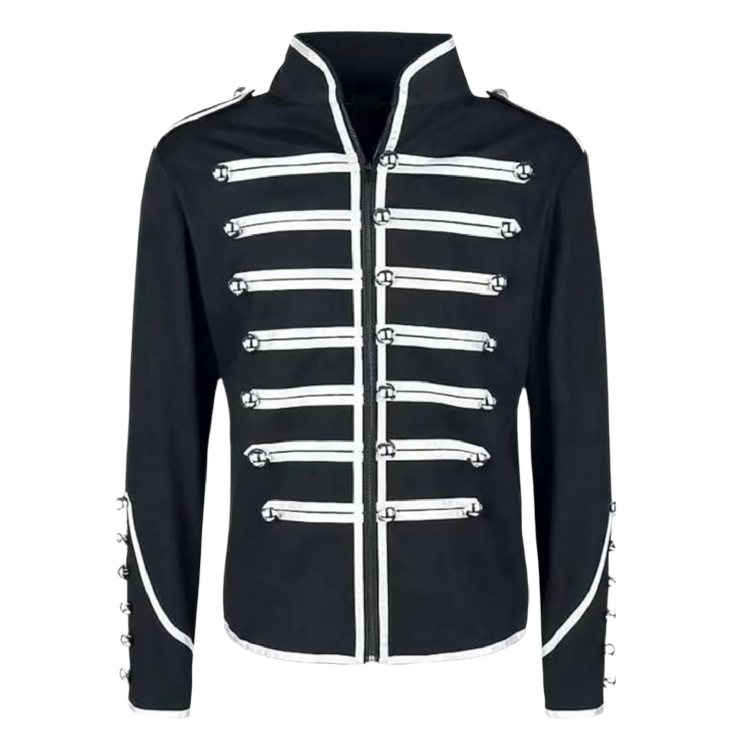 Men’s stylish military parade jacket front view featuring a structured military-inspired design and formal ceremonial styling.