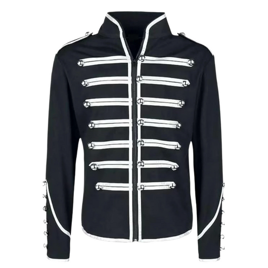 Men’s stylish military parade jacket front view featuring a structured military-inspired design and formal ceremonial styling.