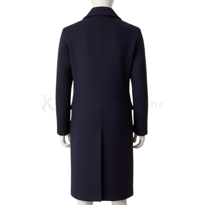 Back view of men’s black wool blend long overcoat, classic winter coat with clean tailored fit for business and formal wear.