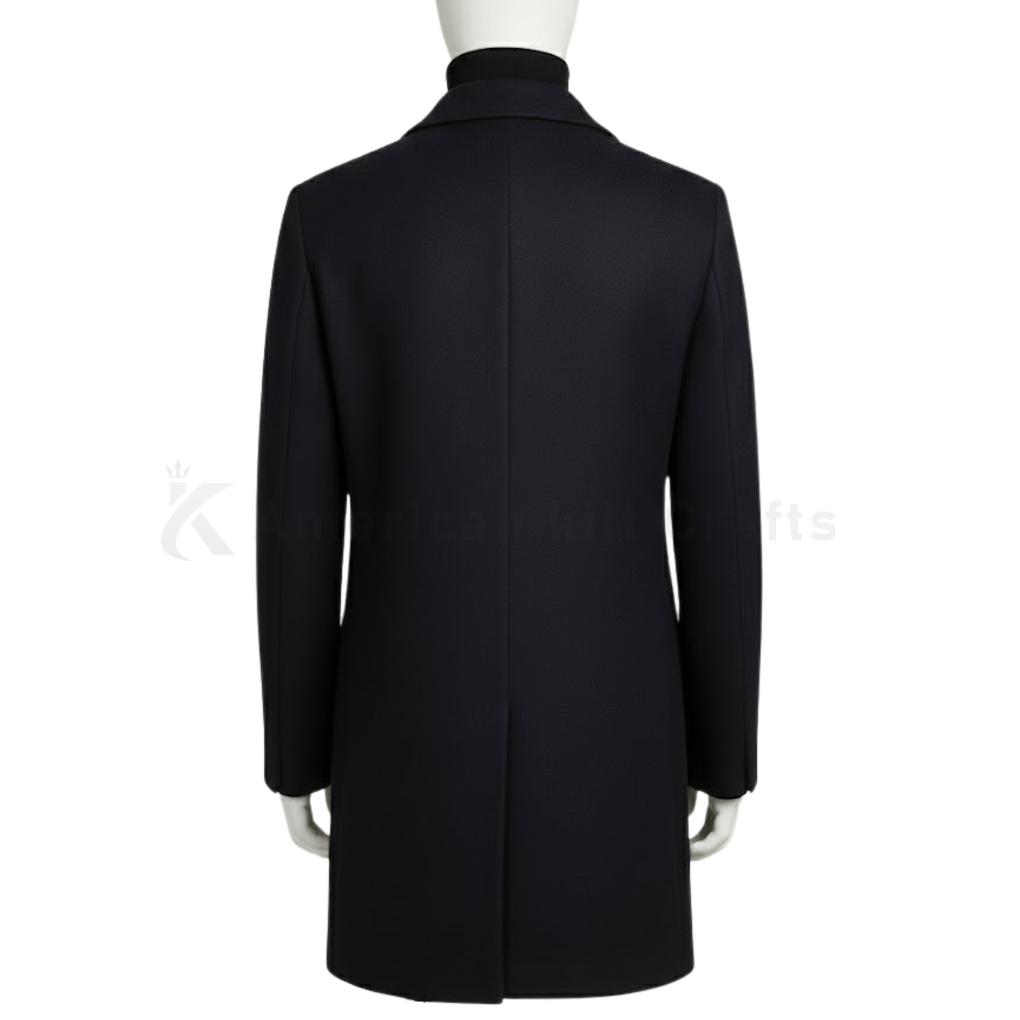 Back view of men’s black slim fit long overcoat, tailored single-breasted coat with clean classic formal style.