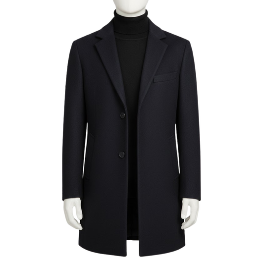 Men’s black slim fit single-breasted long coat front view, classic notched lapel overcoat for formal, office, and smart casual wear.