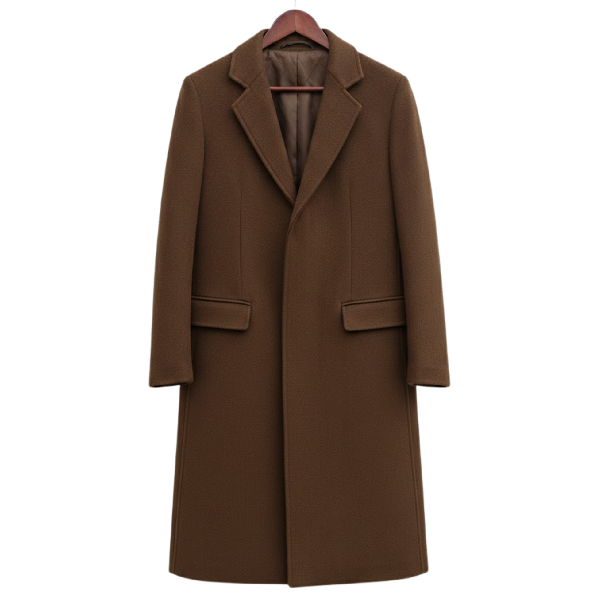 Men’s brown slim fit single-breasted trench coat front view, wool long coat for business, office, and smart casual wear.