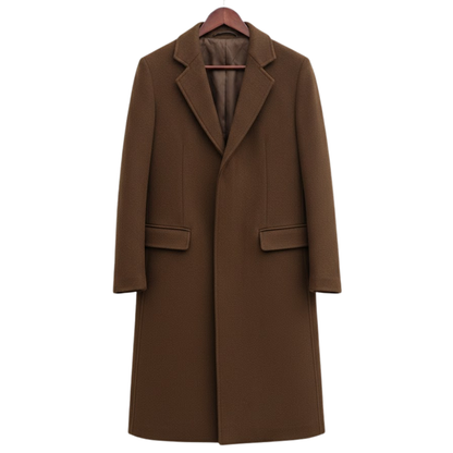 Men’s brown slim fit single-breasted trench coat front view, wool long coat for business, office, and smart casual wear.