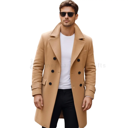 Front view of men’s classic camel wool overcoat featuring a double-breasted button design, structured lapels, and knee-length winter styling.