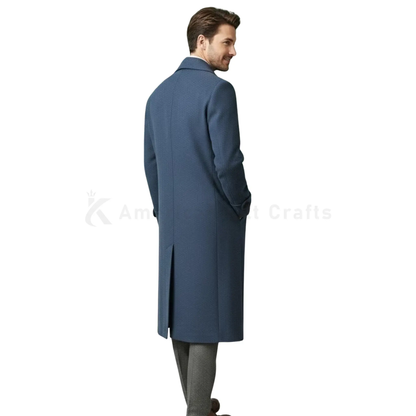 Back view of a men’s 14th Doctor Who blue wool trench coat showing the clean tailored back, full-length silhouette and vintage sci-fi inspired overcoat styling.