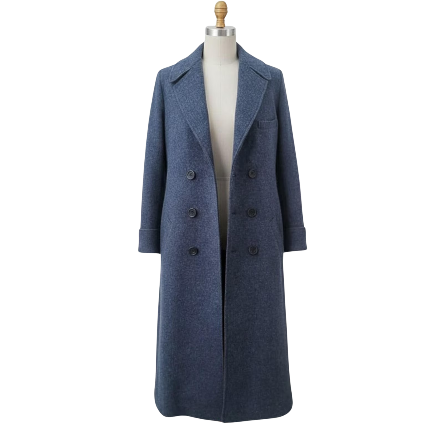Front View of Men’s Doctor Who Inspired Blue Wool Trench Coat – Vintage Sci-Fi Cosplay Overcoat