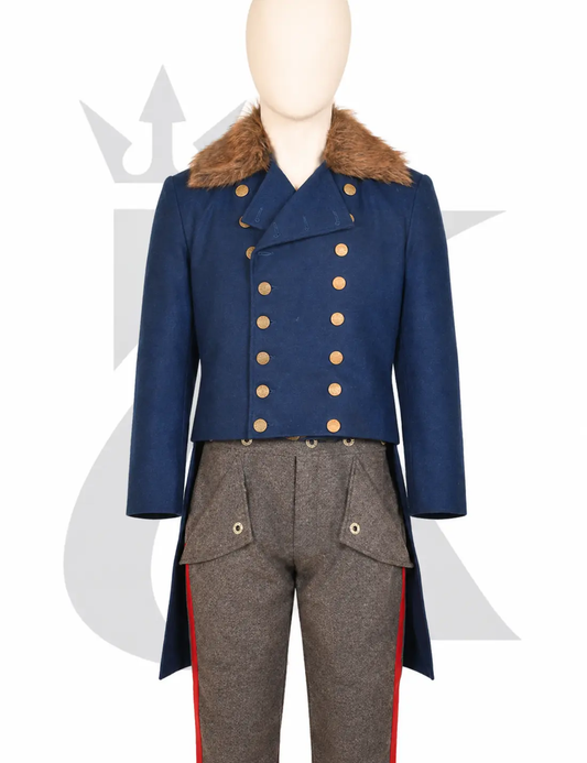 Men’s 18th century blue tailcoat front view featuring long sleeves, historical period styling, and tailored formal design.
