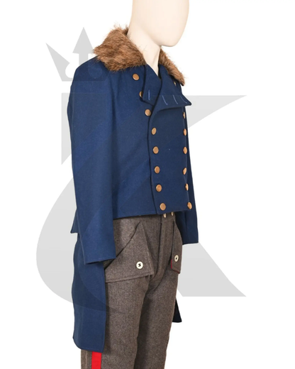 Side view of men’s 18th century blue tailcoat showing the tailored fit, long coat silhouette, and historical period styling.