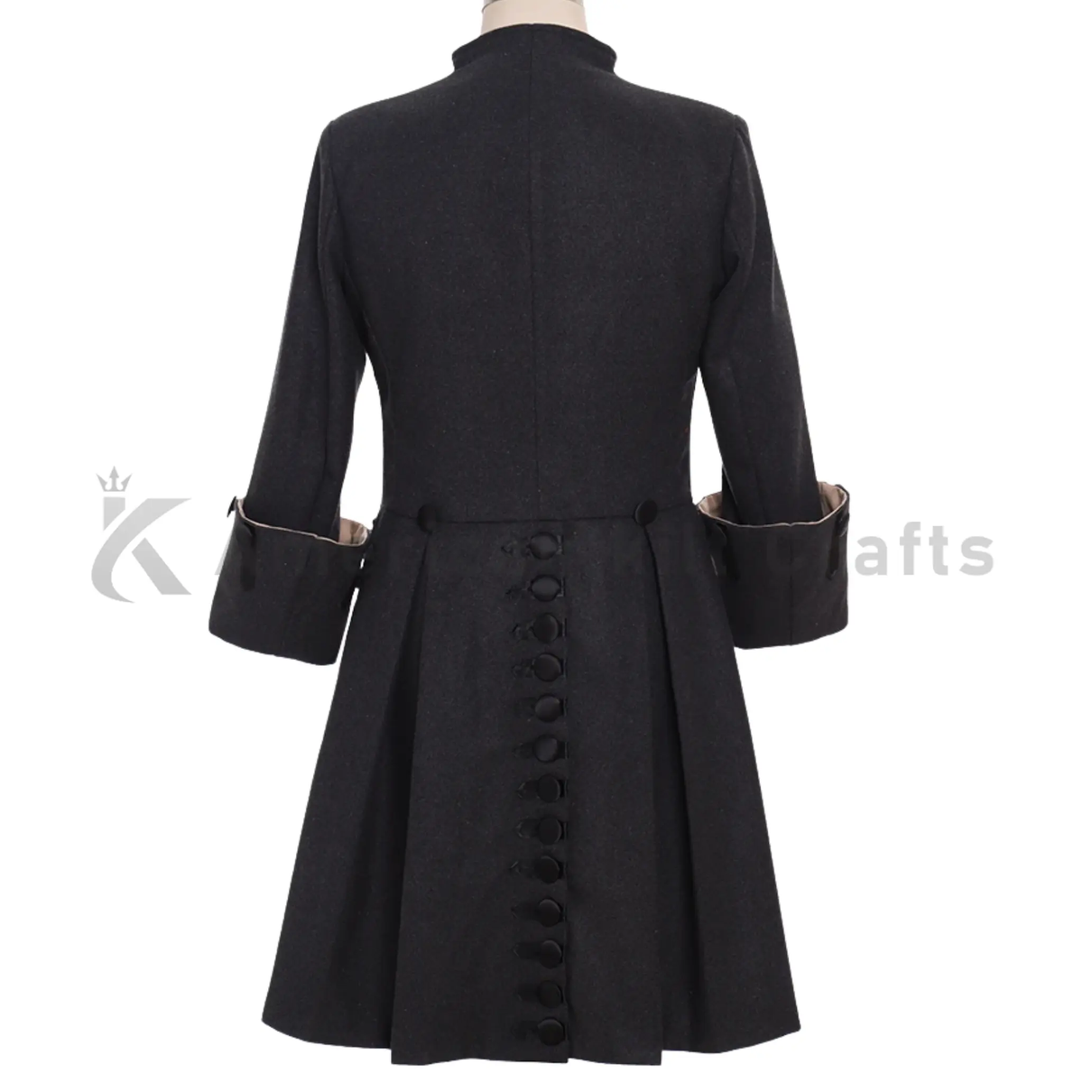 Back view of a men's 18th century royal prince coat showing the structured shoulders, long tailored silhouette and refined colonial military styling.