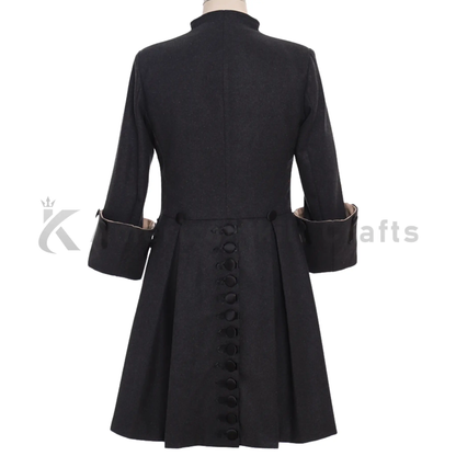 Back view of a men's 18th century royal prince coat showing the structured shoulders, long tailored silhouette and refined colonial military styling.
