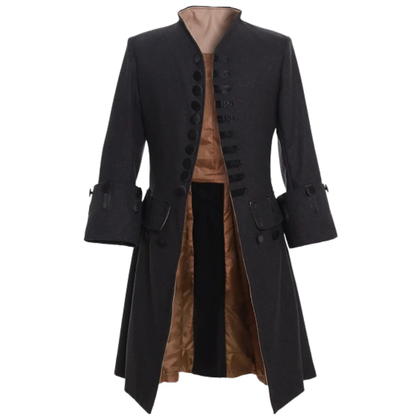 Front view of a men's 18th century royal prince coat featuring luxury colonial military styling, ornate detailing, structured tailoring and a formal historical silhouette.