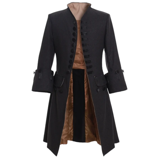 Front view of a men's 18th century royal prince coat featuring luxury colonial military styling, ornate detailing, structured tailoring and a formal historical silhouette.