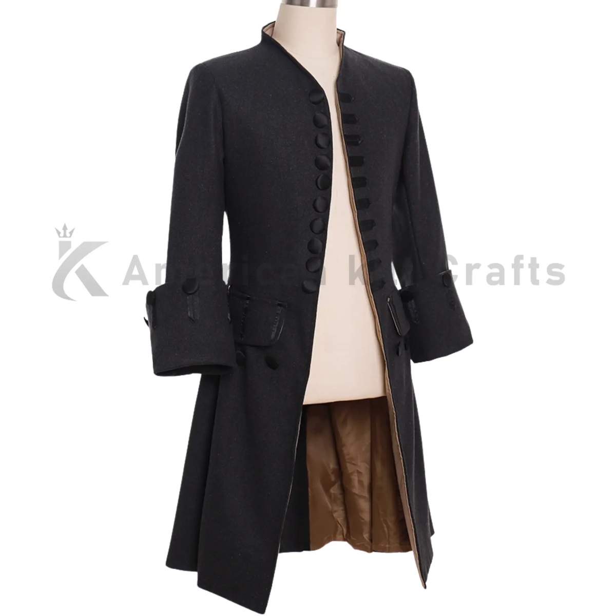 Side view of a men's 18th century royal prince coat showing the tailored fit, structured military shape and elegant colonial-inspired historical design.
