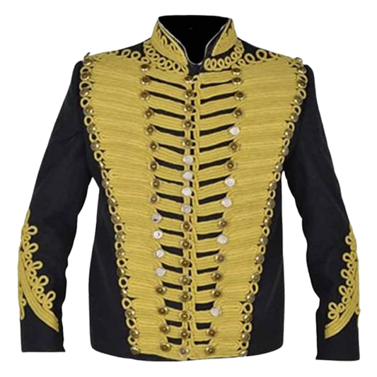 Men’s Adam Ant military hussar jacket in black wool with gold braid front detail, high collar, and red velvet chest panel.