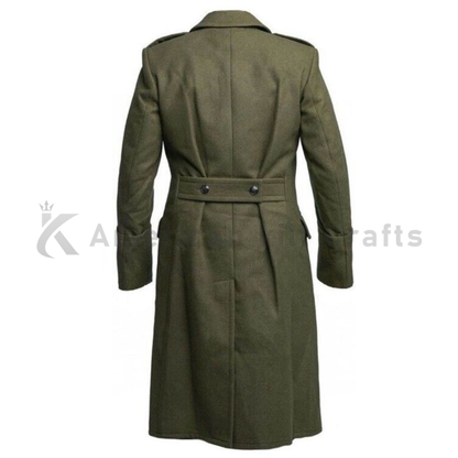 Back view of men's army green wool military overcoat with classic military greatcoat design.