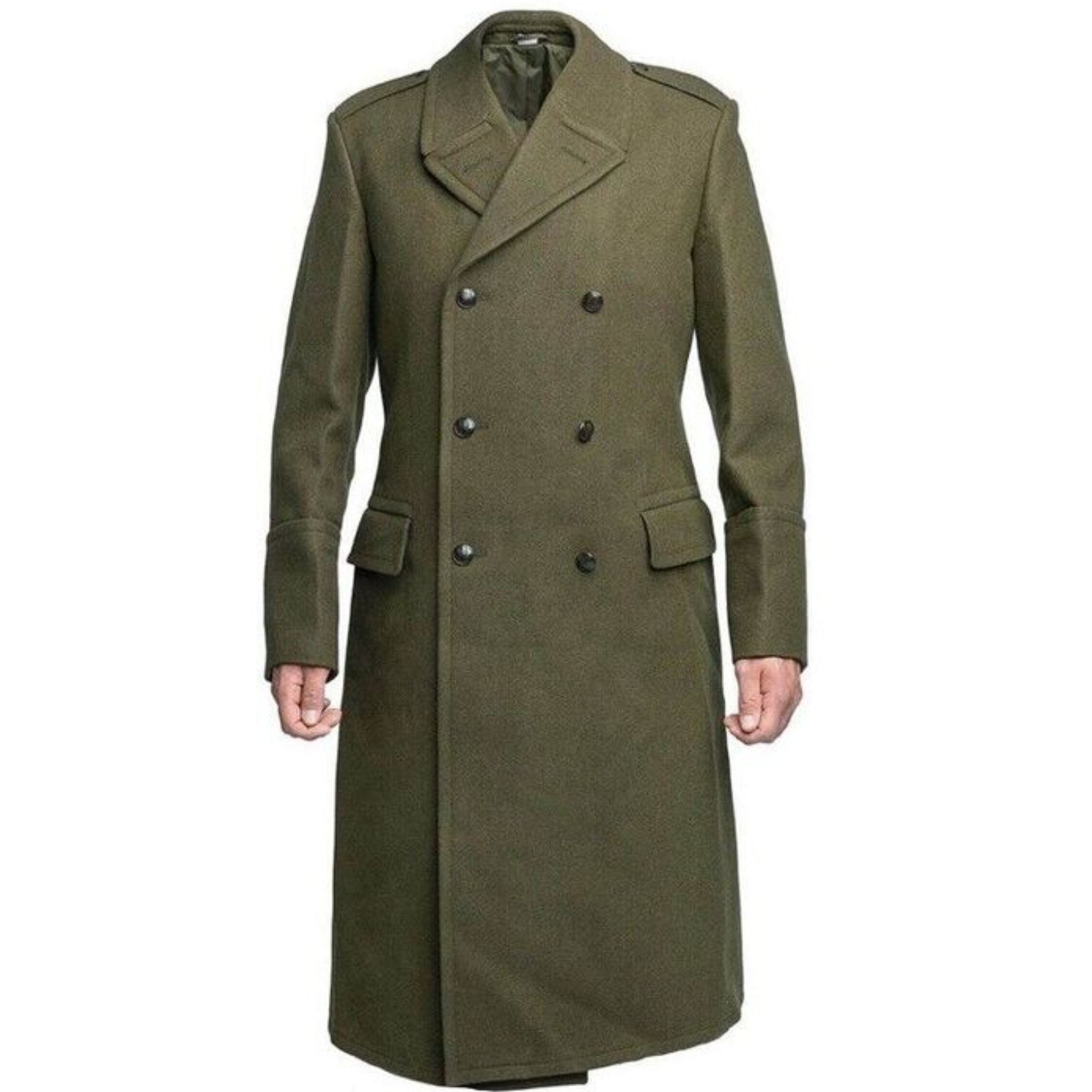 Men's army green wool military overcoat with classic officer greatcoat design front view