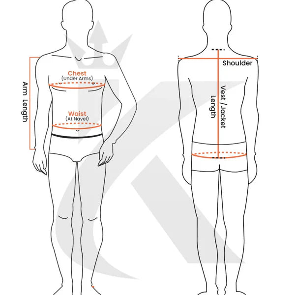 Size guide image for a men’s black military jacket with gold buttons, showing measurement instructions for chest, shoulder, sleeve, waist, and jacket length.