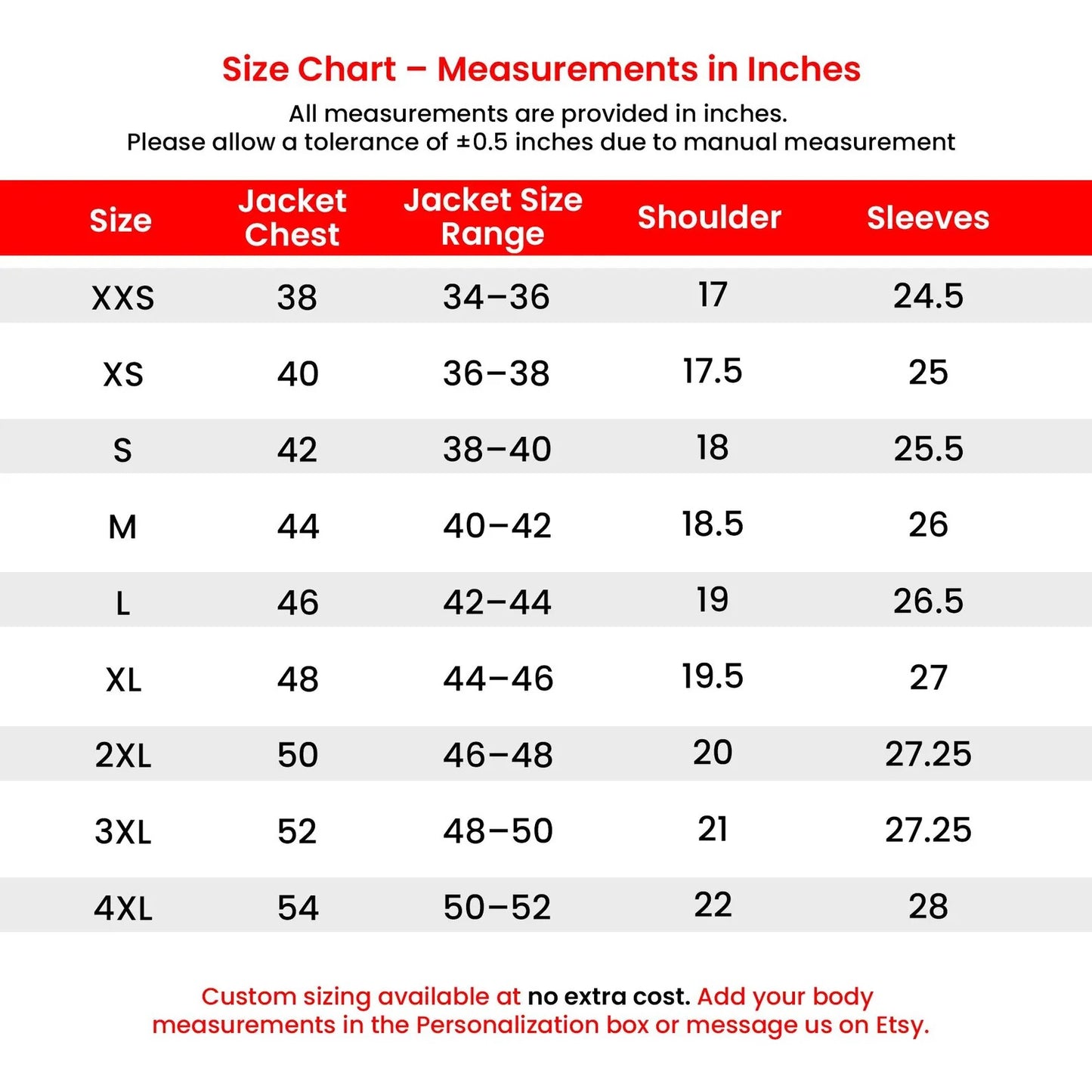 Men’s black Bonaparte-style military jacket size chart showing chest, waist, shoulder, sleeve, and jacket-length measurements.