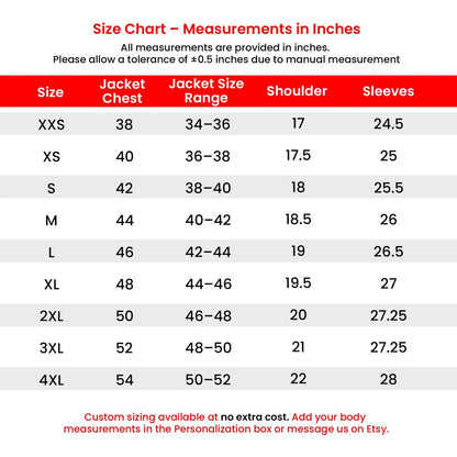 Men’s black Bonaparte-style military jacket size chart showing chest, waist, shoulder, sleeve, and jacket-length measurements.
