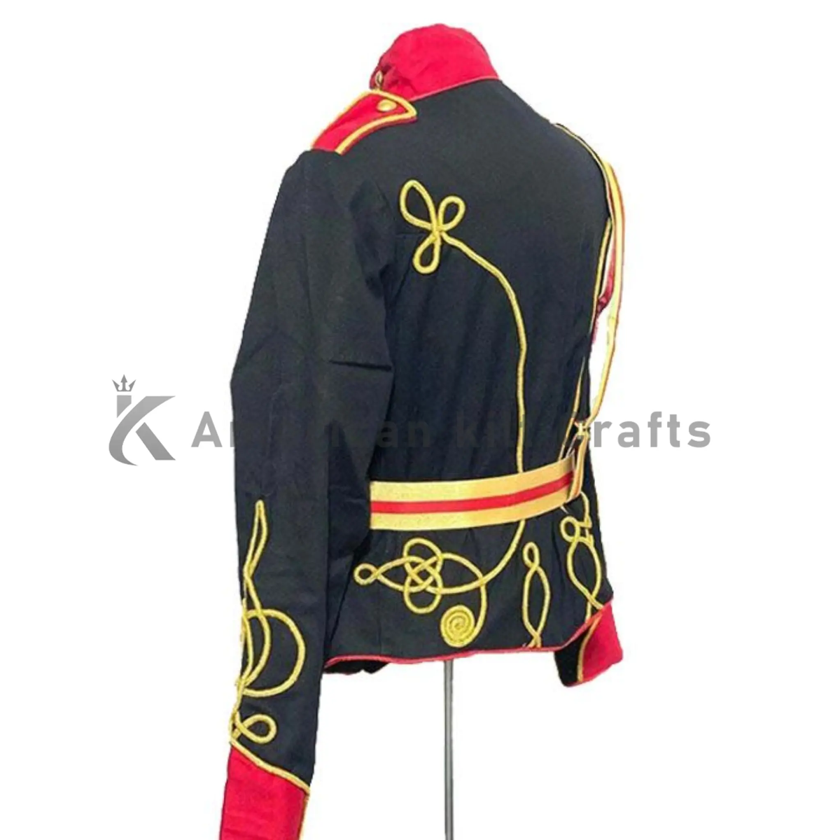 Back view of a men’s black ceremonial Hussar officer jacket showing the tailored fit, structured shoulders, and clean military uniform design.