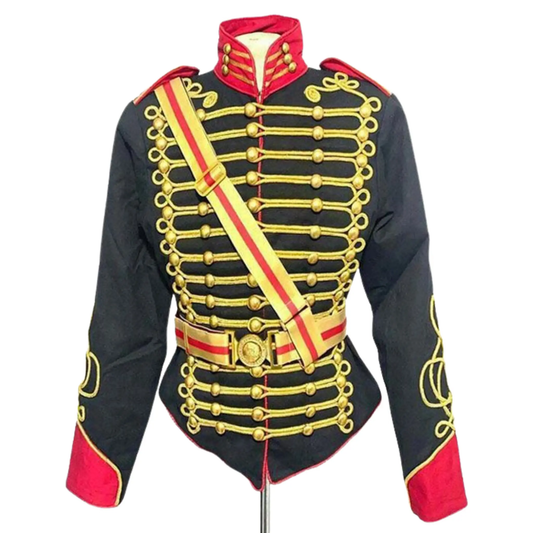 Front view of a men’s black ceremonial Hussar officer jacket in wool with military-style braiding, decorative buttons, and a structured formal silhouette.