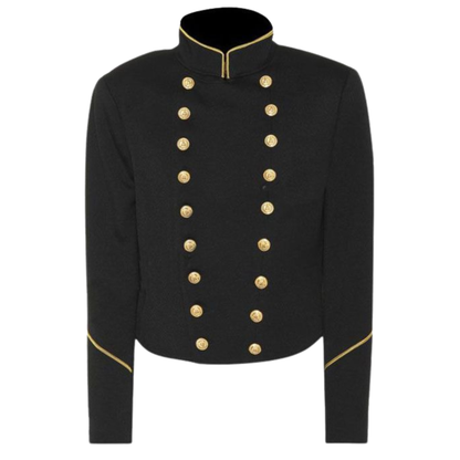 Men’s black Commander wool jacket with gold accents, brass rank details, and military-style front design.