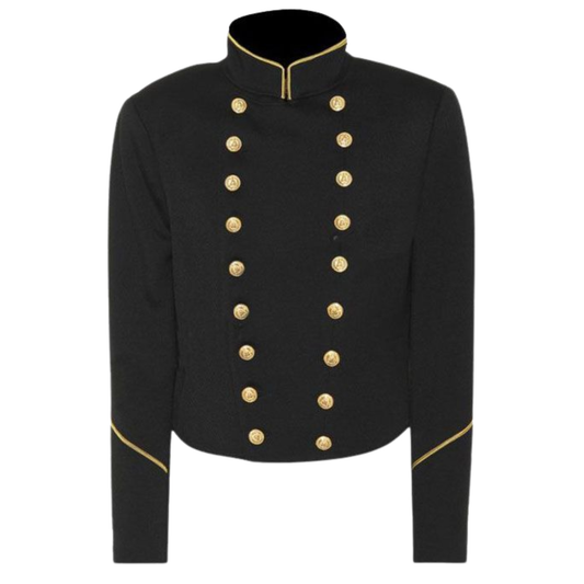 Men’s black Commander wool jacket with gold accents, brass rank details, and military-style front design.