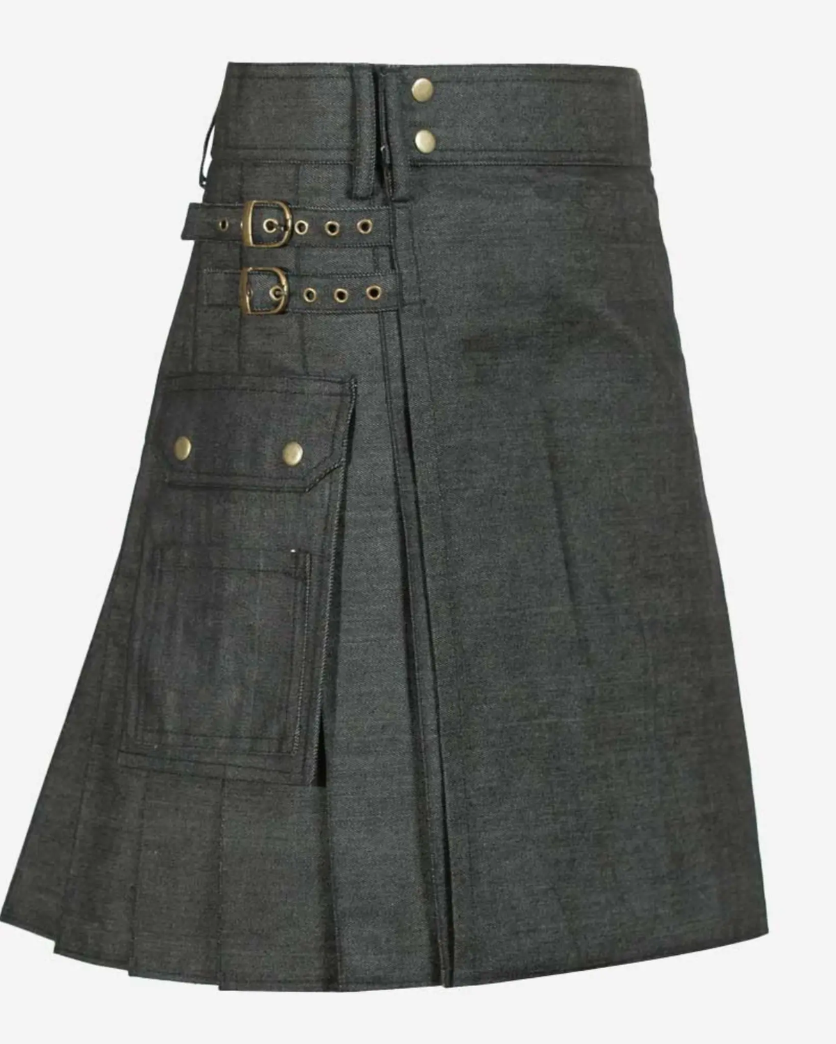 Side view of men's handmade black denim utility kilt showcasing its tailored construction, side detailing, and contemporary Scottish-inspired design for everyday wear.