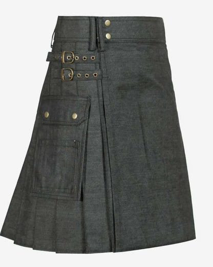 Side view of men's handmade black denim utility kilt showcasing its tailored construction, side detailing, and contemporary Scottish-inspired design for everyday wear.