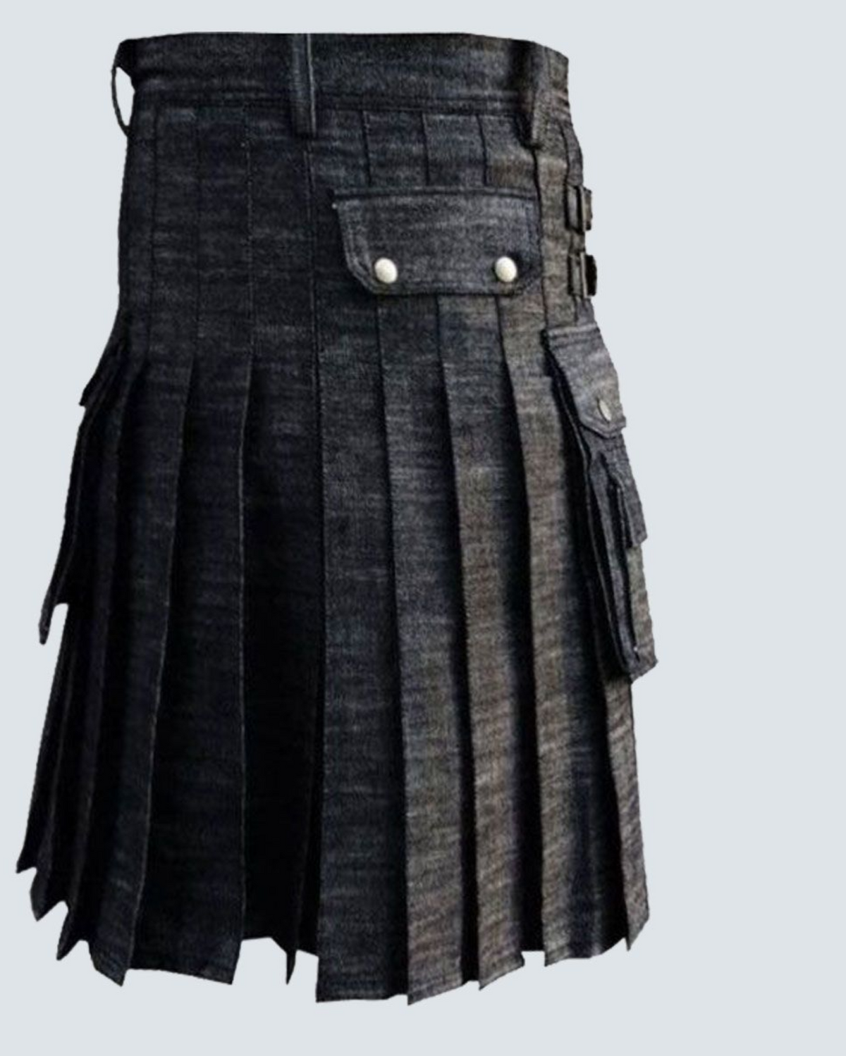Back view of men's black denim utility kilt showcasing the traditional pleated design, durable fabric construction, and modern casual Highland styling.