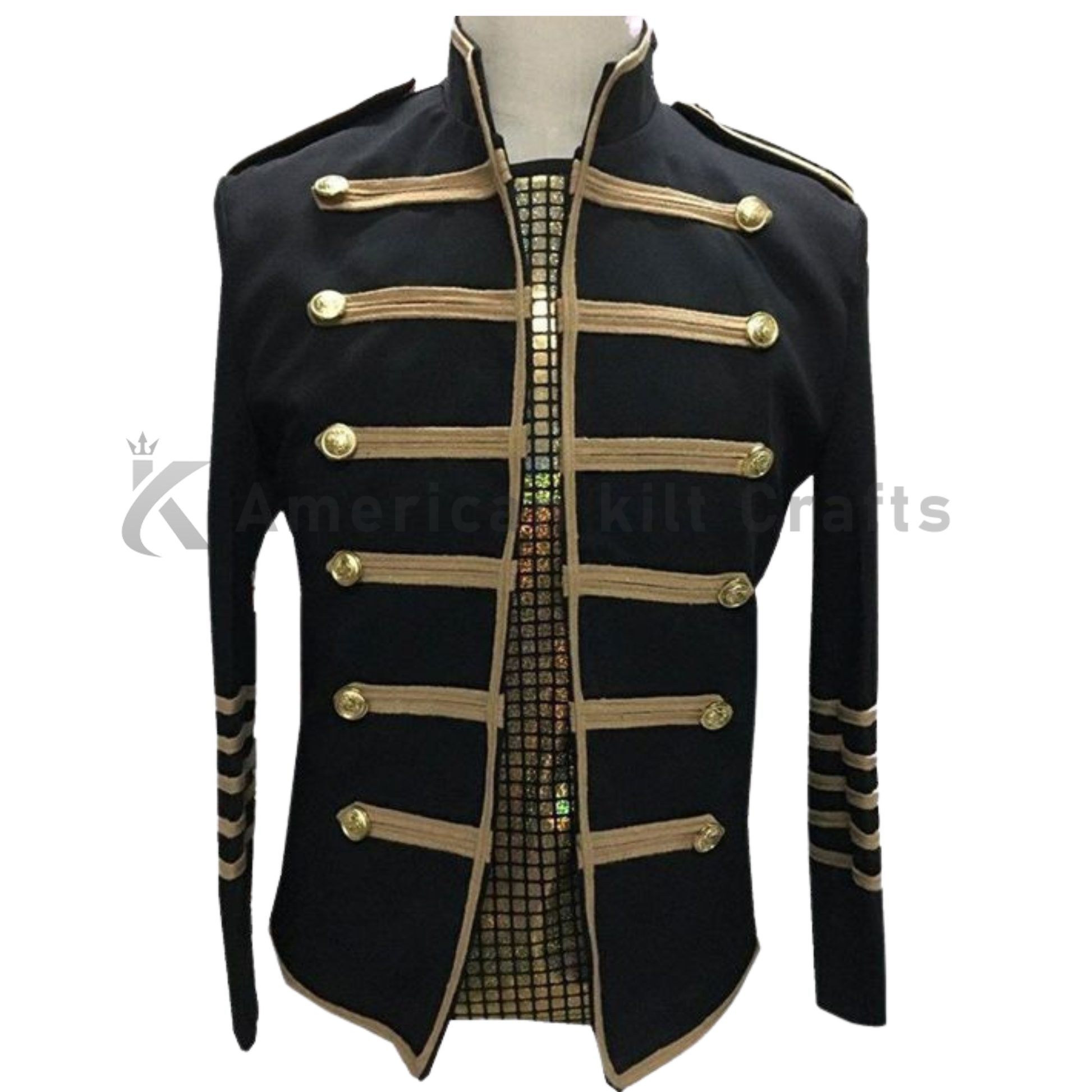 Front view of a men’s black Hussar slim-fit military jacket featuring gold braiding, brass buttons, and heavy wool construction.