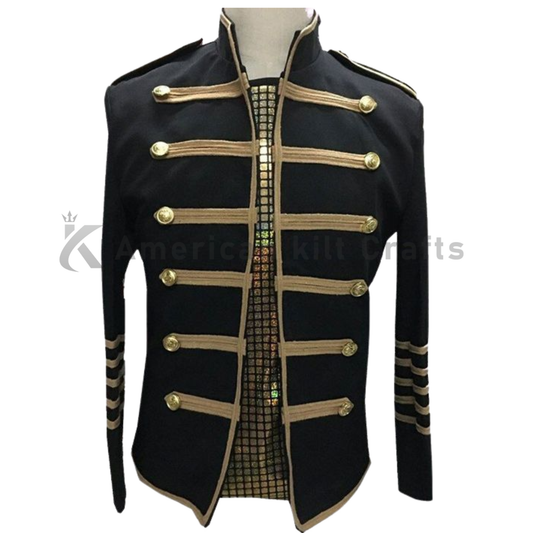 Front view of a men’s black Hussar slim-fit military jacket featuring gold braiding, brass buttons, and heavy wool construction.