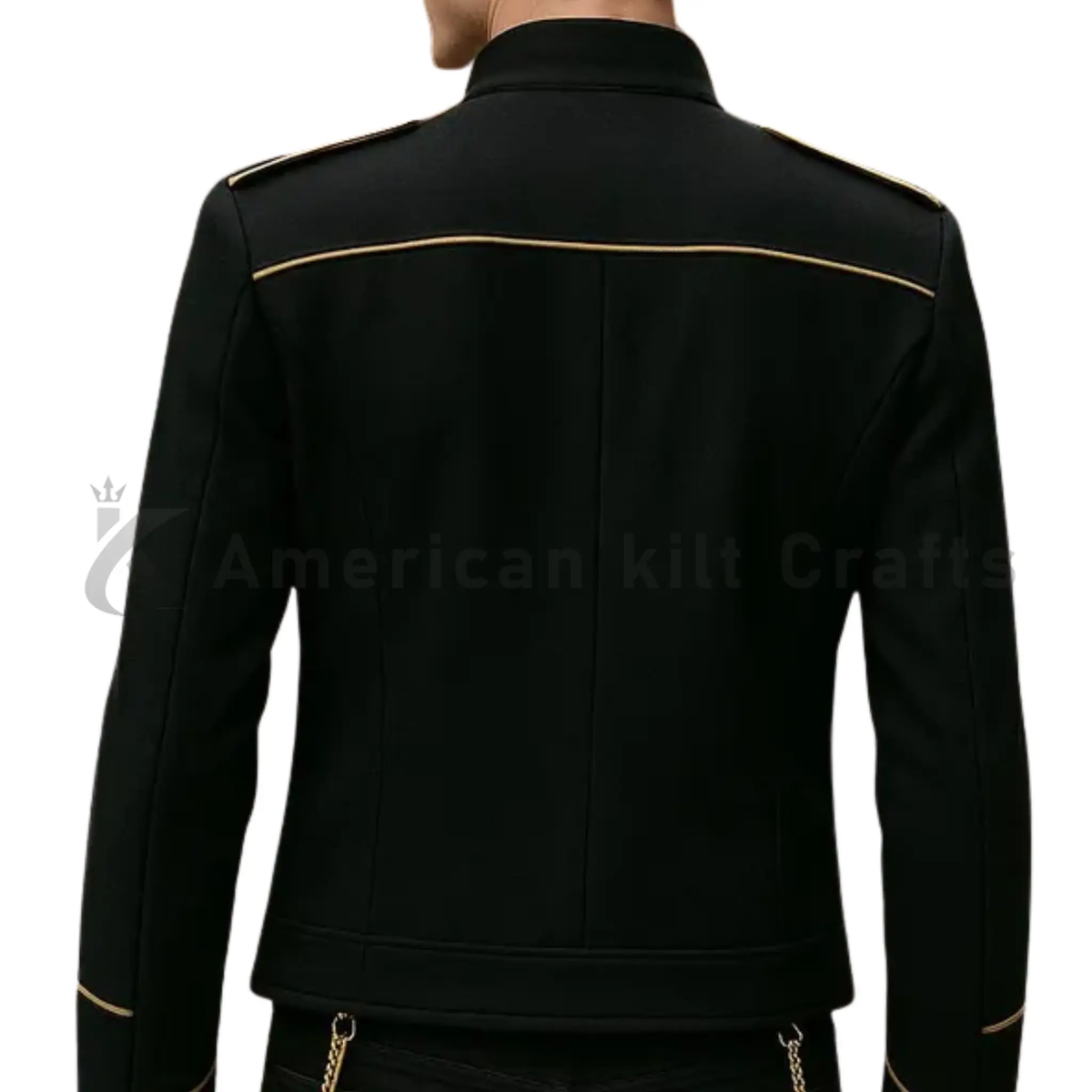 Back view of a men's black Gothic parade wool military uniform showing structured shoulders, clean tailored back and formal military-inspired silhouette.
